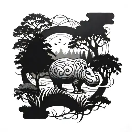 A Magical Forest Scene With A Hidden Hippo Among The Trees