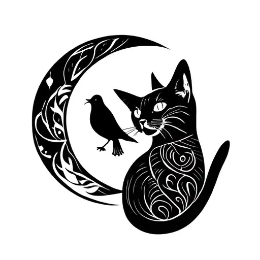Simple Cat Looking At Bird Under Crescent Moon