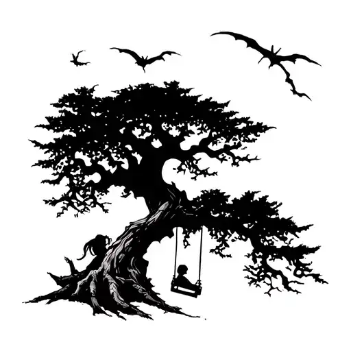 Scary Tree With A Child On A Swing In Black And White Shadow Style
