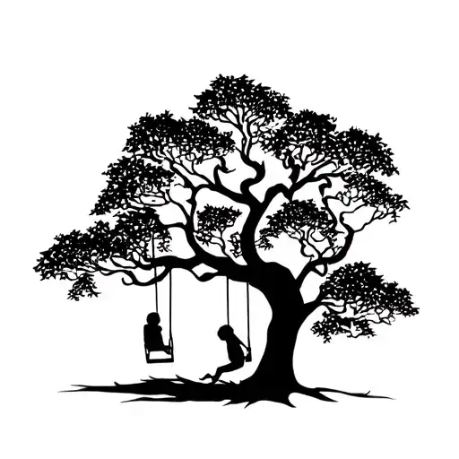 Tree With A Child On A Swing In Black And White Shadow Style