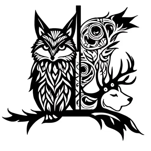 Totum Pole With A Fox Owl Deer And Wolf