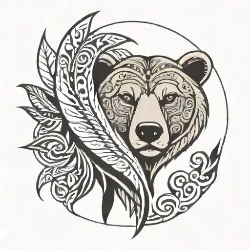 A Bear Head In Abstraction In A Cradle Of 5 Swan Feathers In A Tribal Motif And