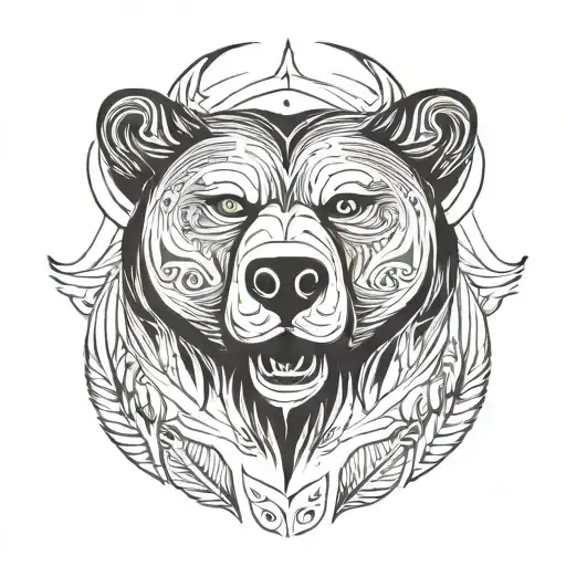 A Bear Head In Abstraction In A Cradle Of 5 Swan Feathers In A Tribal Motif And