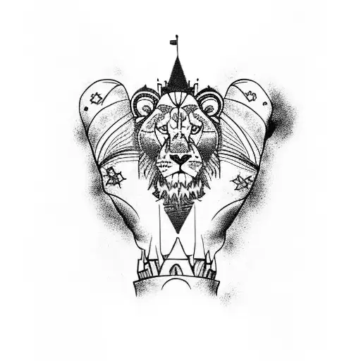 An Arm Sleeve Tattoo With A Castle On An Mountain And An Elephant And A Young King And A Lion
