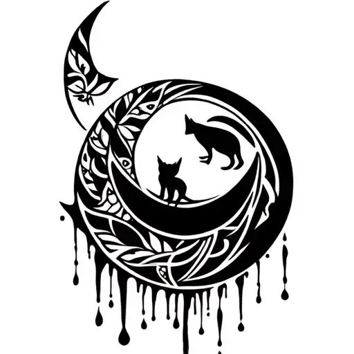 Crescent Moon Dripping Down With A Cat