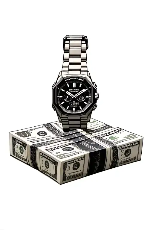 A Pack Of Five Thousandth Bills Folded In Half And Around Which Casio Watches Are Wrapped