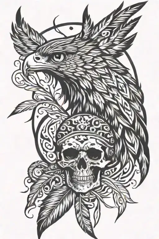 Feathers And Hawk With Skull