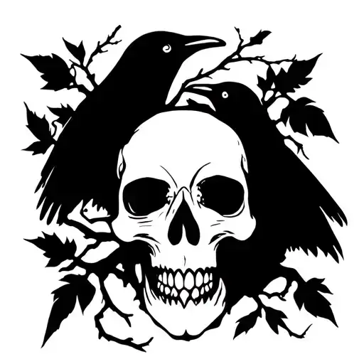 Skulls Crows And Tree Branches With Leaves