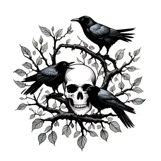 Skulls Crows And Tree Branches With Leaves