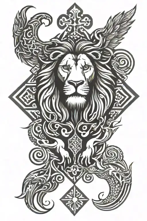 Lion With 4 Swans In Corners