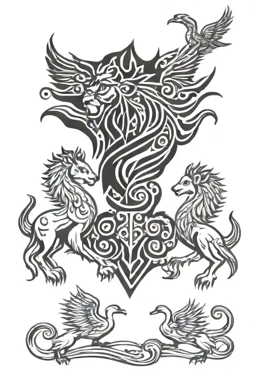 Lion And 4 Swans