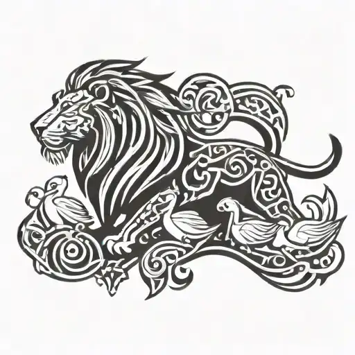 Tribal Lion With 4 Swans
