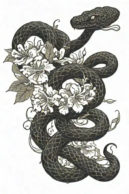 A Black Snake With Chery Blossom Tree In Background