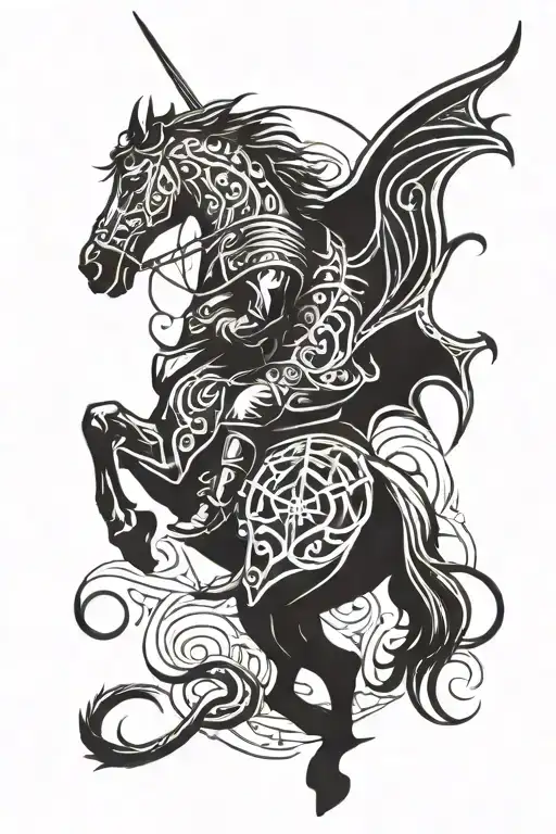 Medieval Worrior On A Horse Killing A Dragon