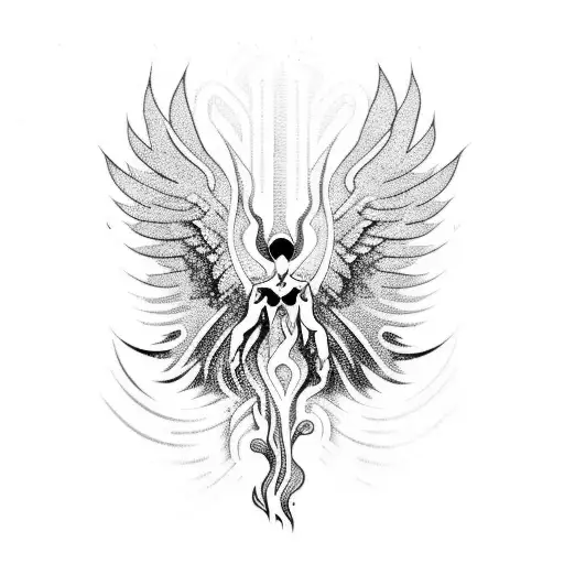 A Fallen Angel With Neontribal Patterns Surrounded By Flowing Liquid