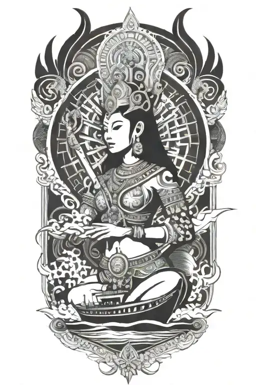 Thai Goddess Warrior Incorporate Sail Boat In The Background
