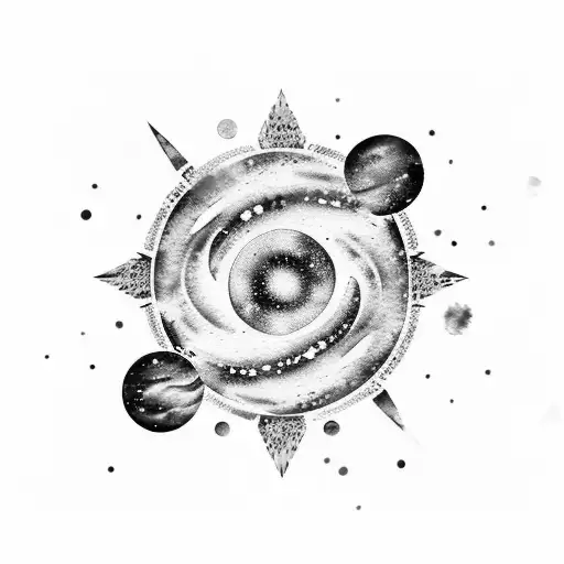 A Watercolor Tattoo Of A Galaxy With Swirling Planets And Constellations