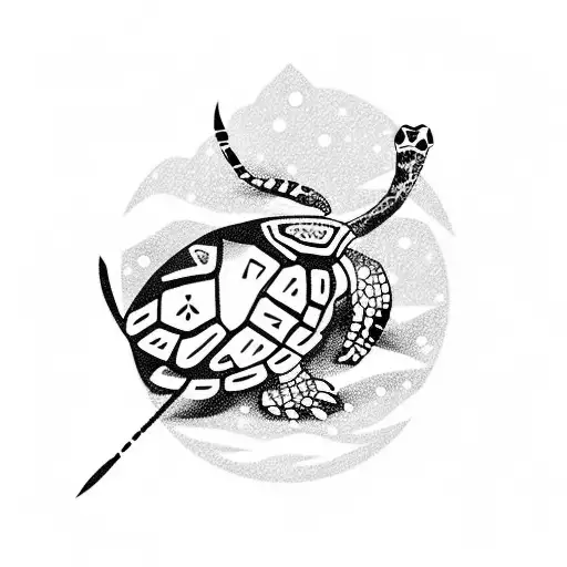 A Turtle With Snow-capped Mountains On It's Shell And Kokopelli Playing His Flute