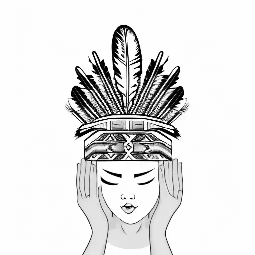 Indigenous Feather Crown Held With Two Hands Facing Inward By Woman No Face Holding Jewelry