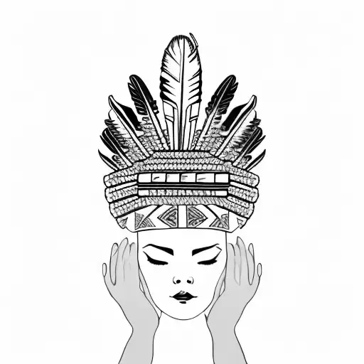 Indigenous Feather Crown Held With Two Hands Facing Inward By Woman No Face Holding Jewelry