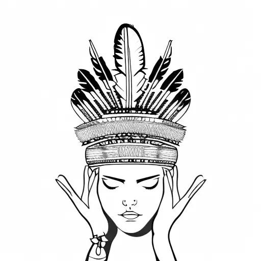 Indigenous Feather Crown Held With Two Female Hands Facing Inward Holding Dangling Jewelry