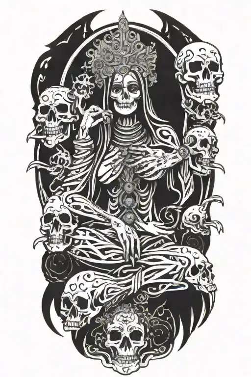 Santa Muerte Sitting On Her Throne Of Skulls