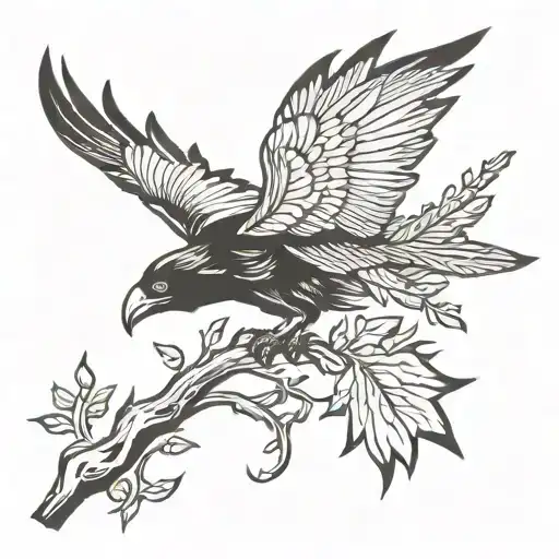 Etching Style Oak Branch With A Raven Wing Attached