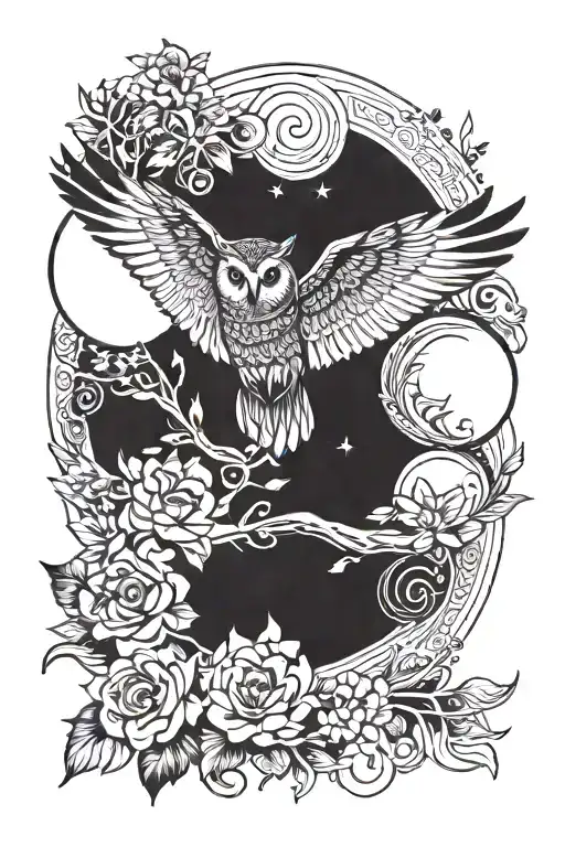 Fine Line Floral Flying Owl With The Moon Background