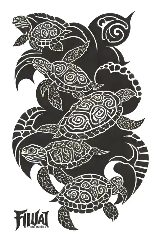 Fijian Turtle Family Swimming Together