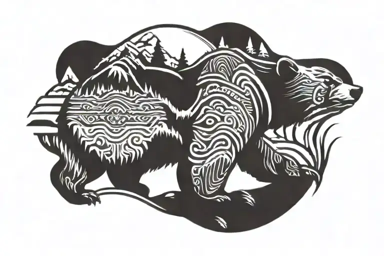 California Bear With Mountains And Ocean Wave Crashing