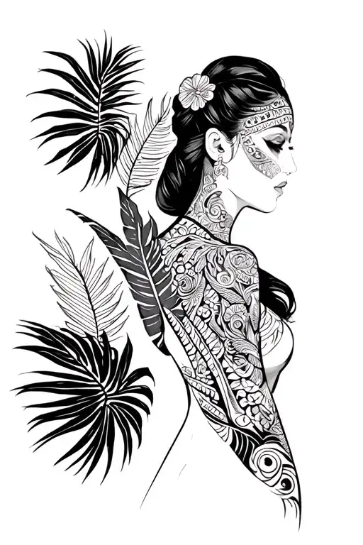 A Female Figure With Intricate Polynesian Tattoos Inspired By Palm Trees And Monstera Leaves