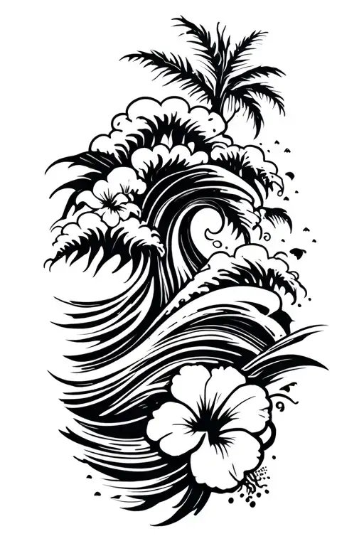 Waves With Beach And Hibiscus