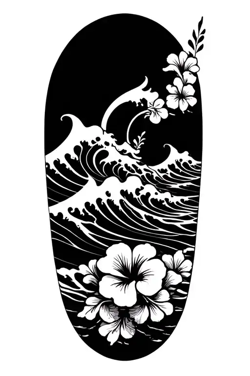 Ocean Waves With Small Hibiscus Flowers Bottom And Top