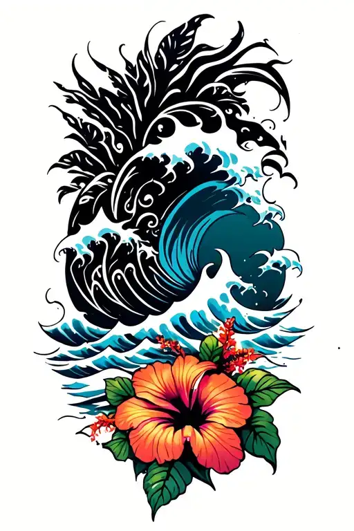 Ocean Waves Crashing In The Background Hibiscus Flowers On The Bottom