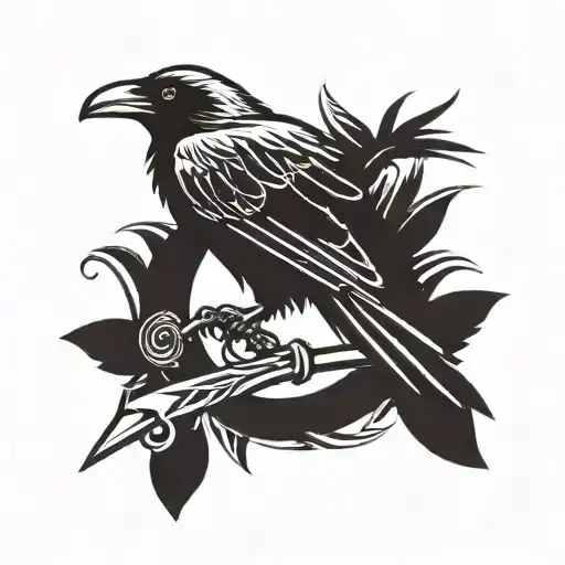 A Raven Flying With A Scythe In The Background Black And White