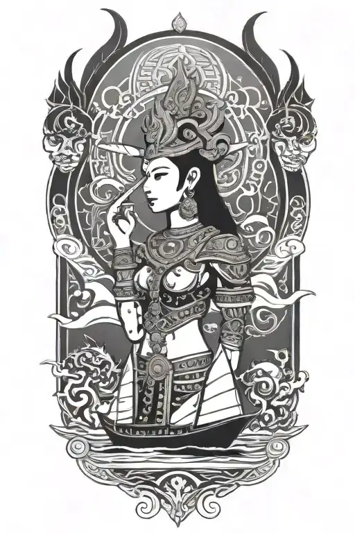 Thai Goddess Warrior Incorporate Sail Boat In The Background