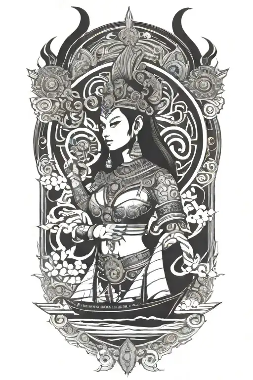 Thai Goddess Warrior Incorporate Sail Boat In The Background
