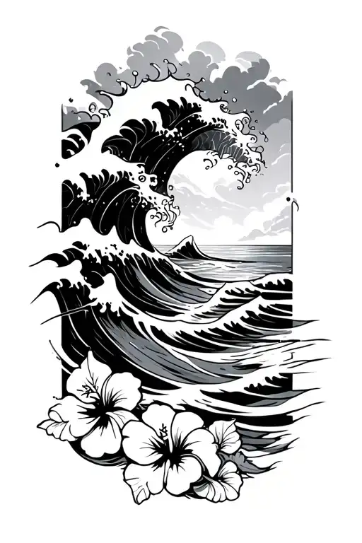Ocean Waves Crashing On Beach With Hibiscus Flowers On The Bottom