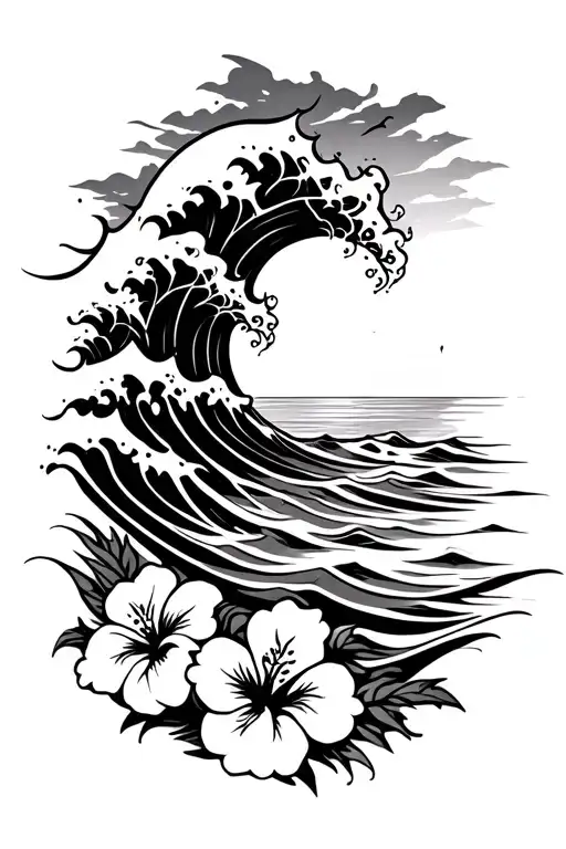 Ocean Waves Crashing On Beach With Hibiscus Flowers On The Bottom