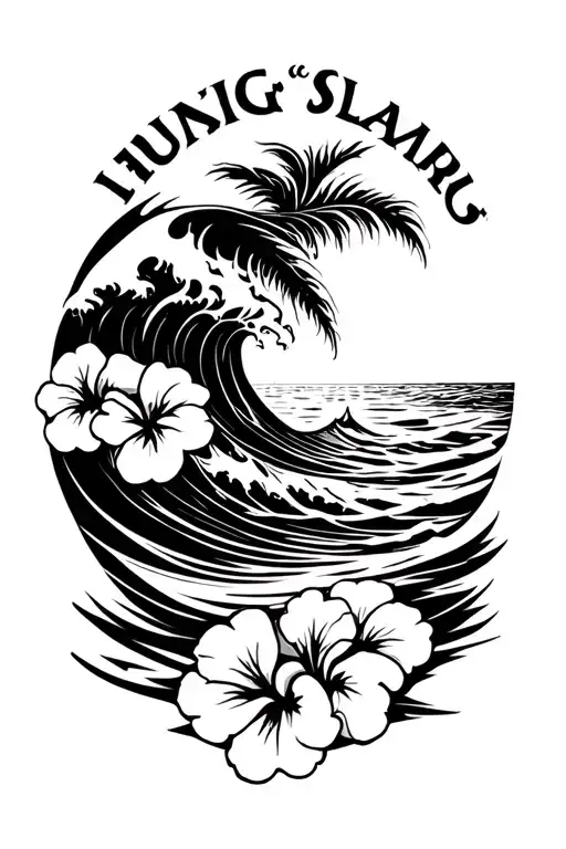 Ocean Waves Crashing On Beach With Hibiscus Flowers On The Bottom