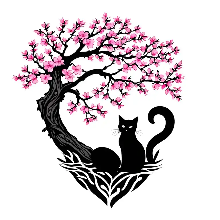 Cherry Blossom Tree With Black Cat And Moon In The Background