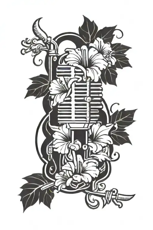 Music Old Microphone Surrounded By Blooming Hibiscus