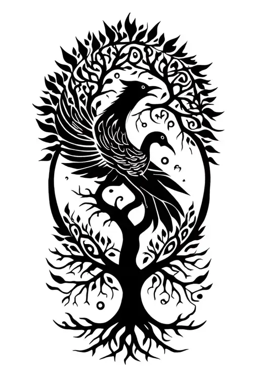 Tree Of Life And Rising Phoenix Intertwined Symbolizing