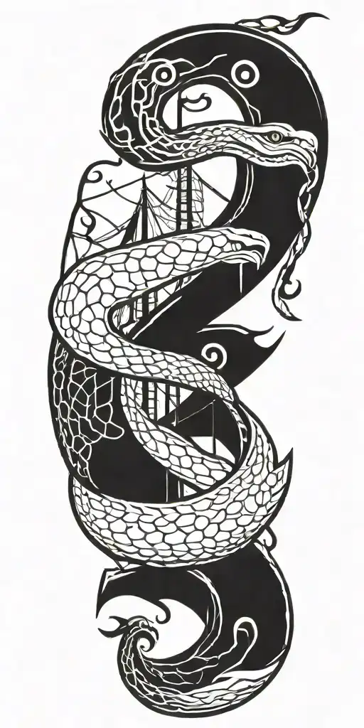 Snake Wrapped Around Viking Ship Sailing