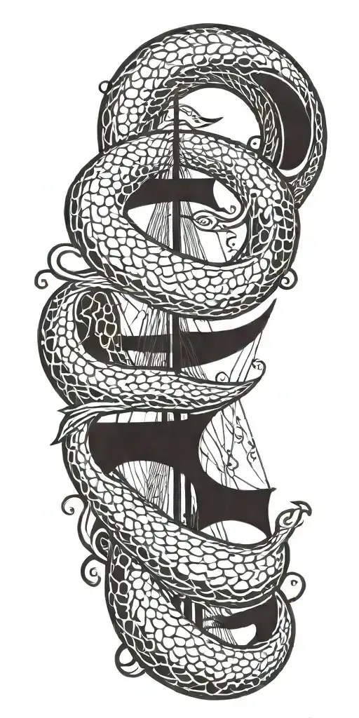 Snake Wrapped Around Viking Ship Sailing