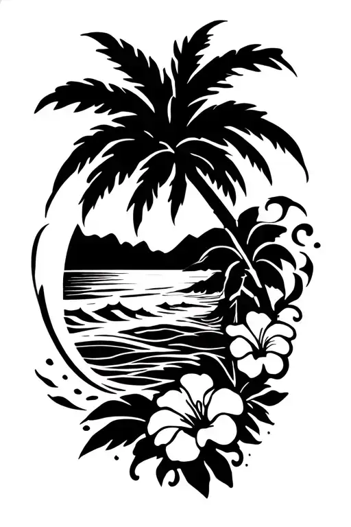 Beach With Palm Tree And Ocean Waves Crashing With Hibiscus Vine On The Right Side