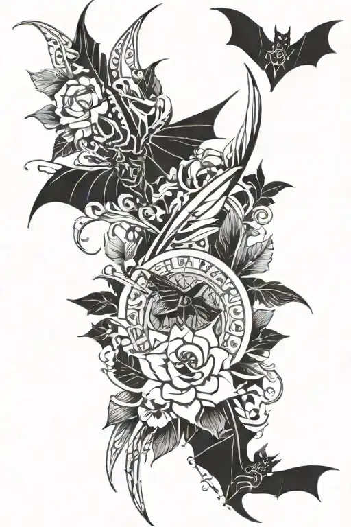Dagger Wrapped By Flowers And Bats Flying Across