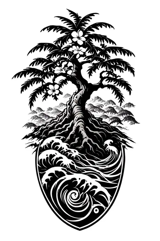 Banyan Tree With Hibiscus Vine And Waves Crashing