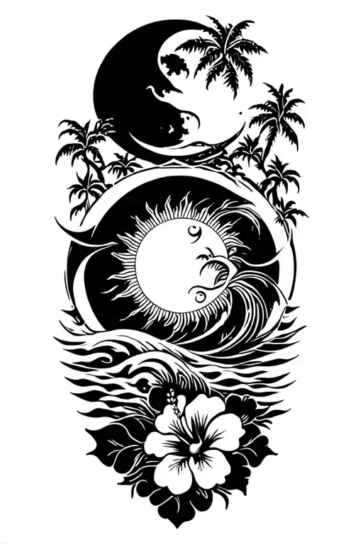 Sun And Moon And Banyan Tree And Hibiscus Flower With Ocean Waves