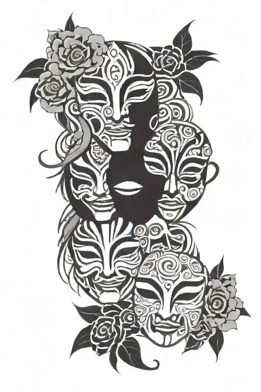 Rose Between Smiling Mask And Crying Mask Surrounded